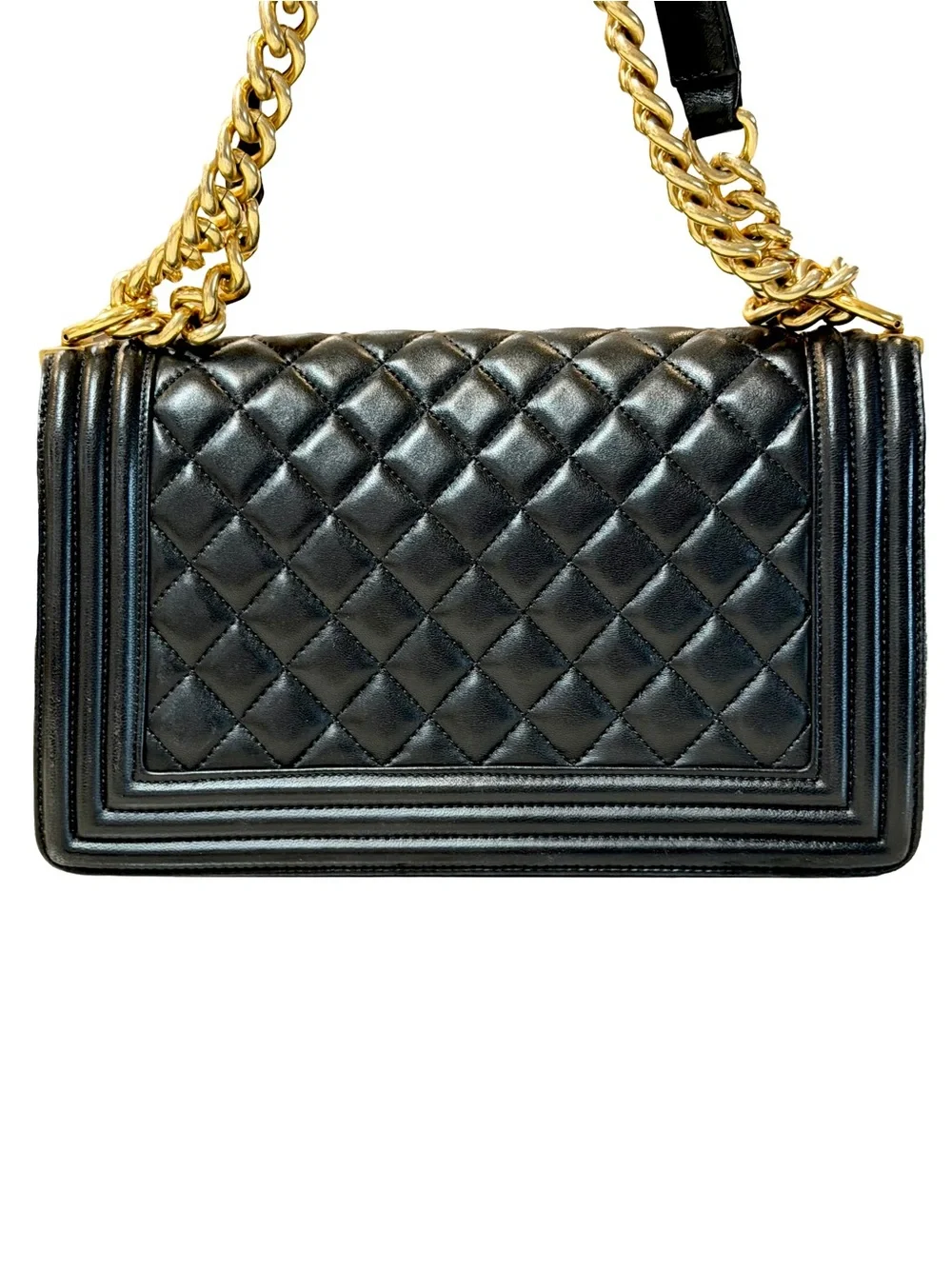 Chanel Boy Medium Black Quilted Lammakin Chain Shoulder Bag with Gold Hardware
